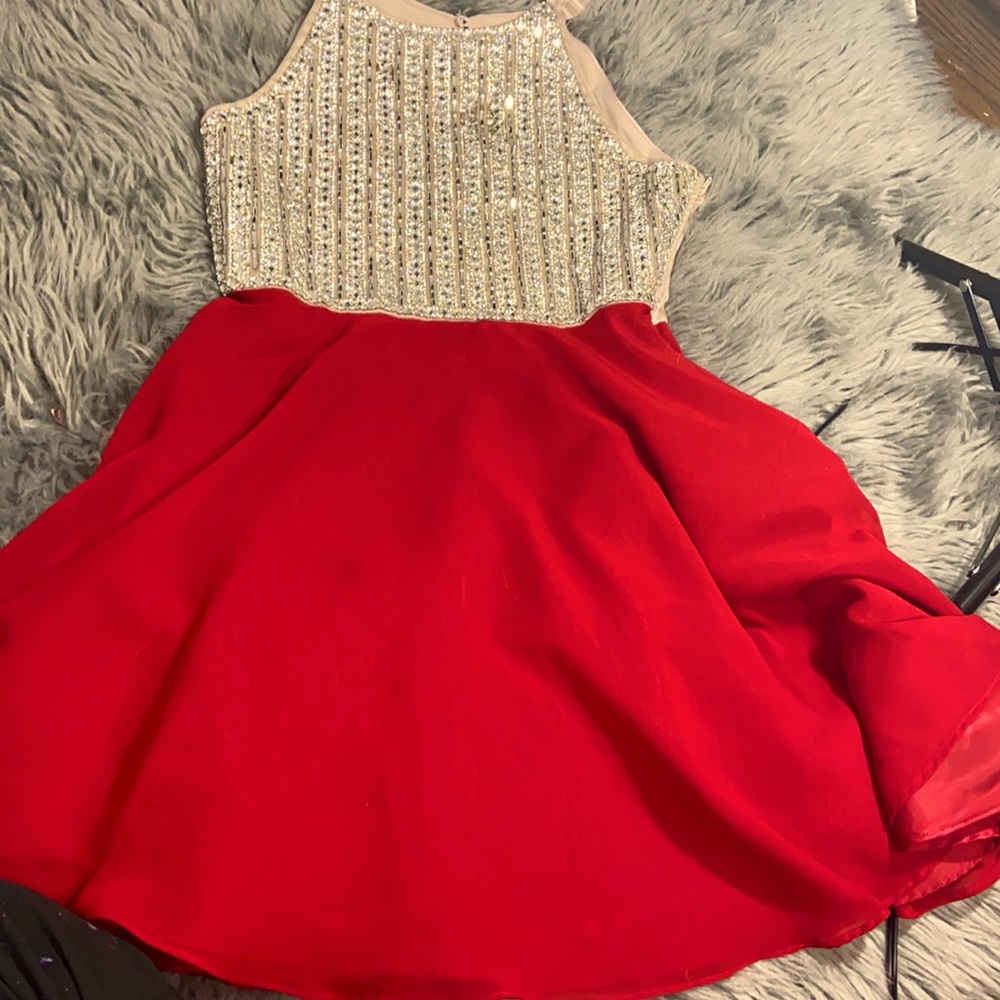 Red and rose gold dress